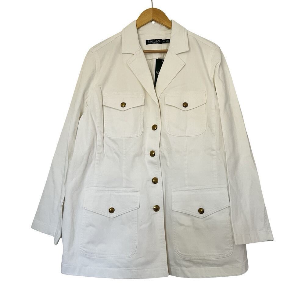 Lauen Ralph Lauren Women's Denim Jacket Size 18W White Gold Logo Buttons NWT
